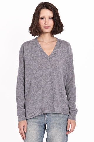 Cashmere Long and Lean V-Neck Sweater- Grey Shadow