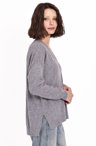 Cashmere Long and Lean V-Neck Sweater- Grey Shadow