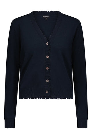 Cotton Cashmere Cardigan with Frayed Edges - Navy Flat