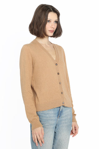Cotton Cashmere Cardigan with Frayed Edges - Camel Side