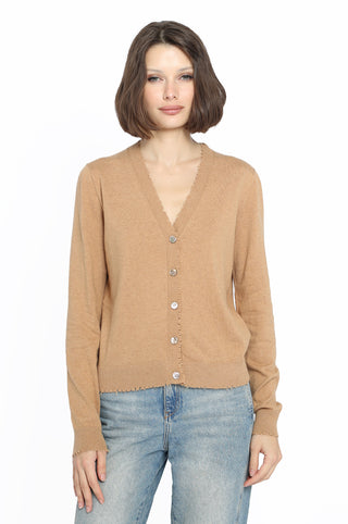 Cotton Cashmere Cardigan with Frayed Edges - Camel Front