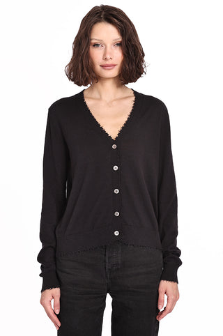 Cotton Cashmere Cardigan with Frayed Edges - Black Front