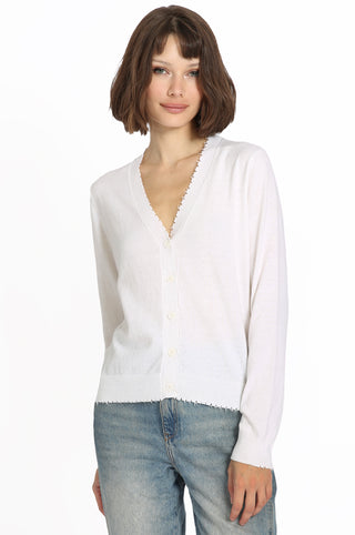 Cotton Cashmere Cardigan with Frayed Edges - White Front