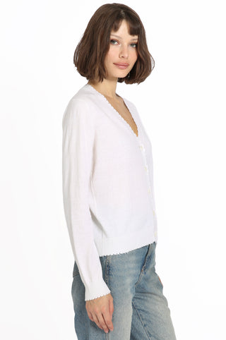 Cotton Cashmere Cardigan with Frayed Edges - White Side