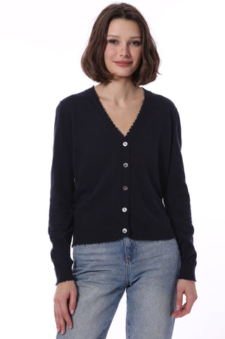 Cotton Cashmere Cardigan with Frayed Edges - Navy Front