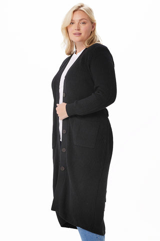 Plus Size Cotton Cashmere Belted Long Cardigan-black