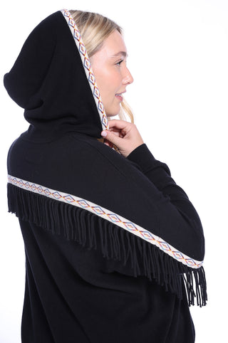 Plus Size Cotton Cashmere Embroidered Fringe Hoodie - Black