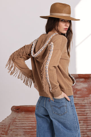 Cotton Cashmere Embroidered Fringe Hoodie camel