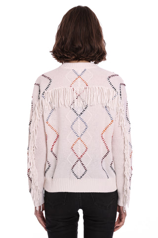 Cashmere Cable Corded Detail Fringe Pullover- White Combo
