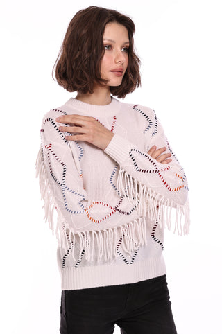 Cashmere Cable Corded Detail Fringe Pullover- White Combo