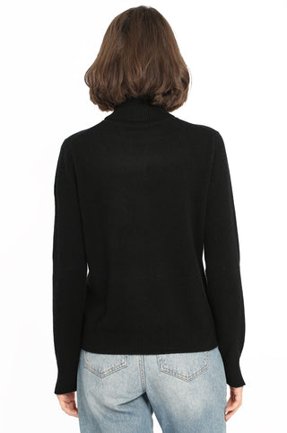 Cashmere Turtleneck Pullover w/ Slit Sleeve Detail- Black