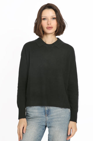 Cashmere Crew Neck Pullover with Collar-Black