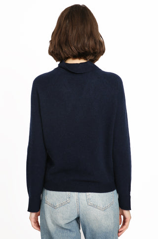 Cashmere V-Neck Pullover with Collar- Navy