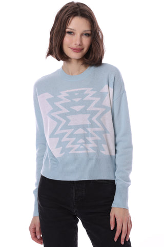Cashmere Ski Out West Crew Cropped Pullover Sweater - Baby Blue/White