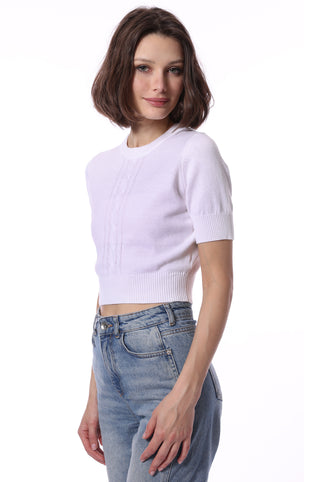 Cotton Cashmere Short Sleeve Cropped Center Cable Sweater - White