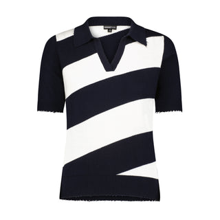Cotton Cashmere Short Sleeve Striped Frayed Polo - Navy/White