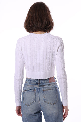 Cotton Cropped Cable Cardigan - white