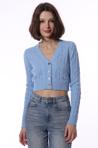 Cotton Cropped Cable Cardigan - cameo Blue