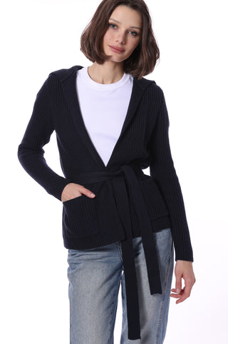 Cotton Cashmere Shaker Flyaway Cardigan with Pockets - Navy