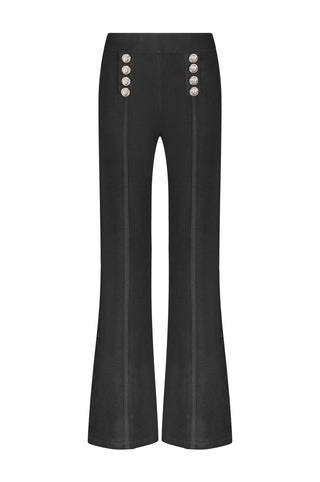 Black wide leg pant with 1 set of 4 decorative buttons on each side of the front