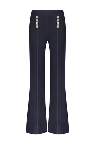 Navy wide leg pant with 1 set of 4 decorative buttons on each side of the front