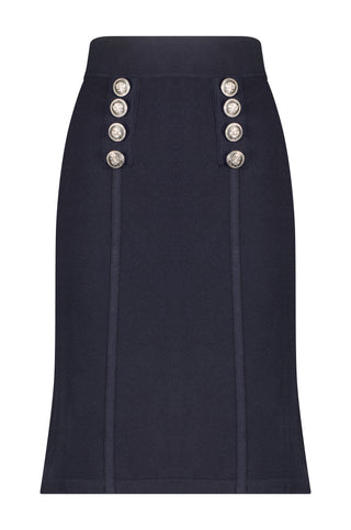Navy pencil skirt with 1 set of 4 decorative  buttons on each side on the front