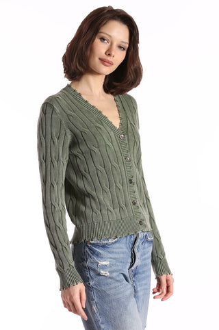 Cotton Stone Wash Distressed Cable Cardigan_Garden Grove