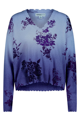 Cashmere V-Neck Floral Dip Dye Frayed Edge Pullover - Fresco Blue Combo