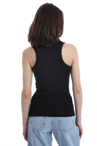 Black cable tank top with frayed edges back view