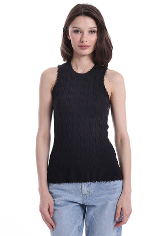 Black cable tank top with frayed edges front view
