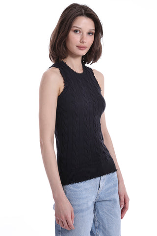 Black cable tank top with frayed edges side view