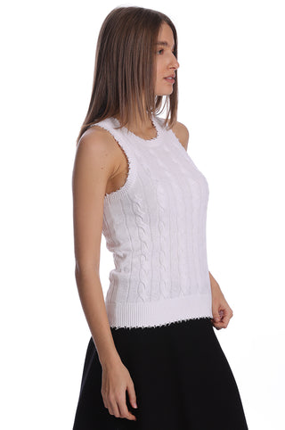 White cable tank top with frayed edges side view
