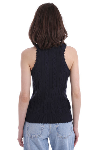 Navy cable tank top with frayed edges back view