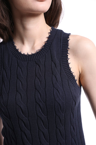 Navy cable tank top with frayed edges close up front view