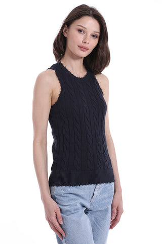 Navy cable tank top with frayed edges side view