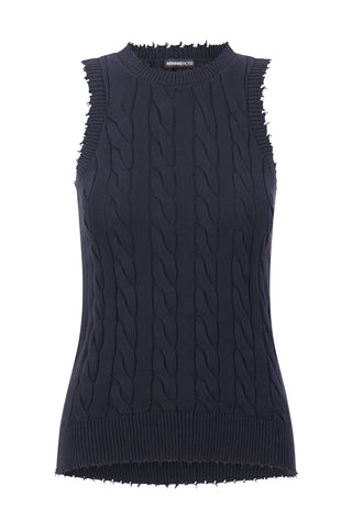 Navy cable tank top with frayed edges front view