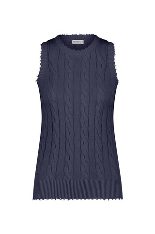 Navy cable tank top with frayed edges front view