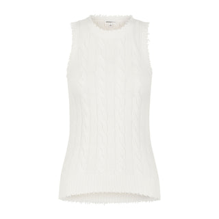 White cable tank top with frayed edges front view