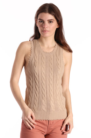 Brown Sugar cable tank top with frayed edges front view