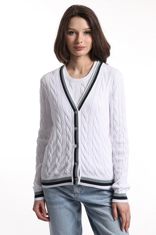 White cable knit cardigan with blue and black stripes on the hem