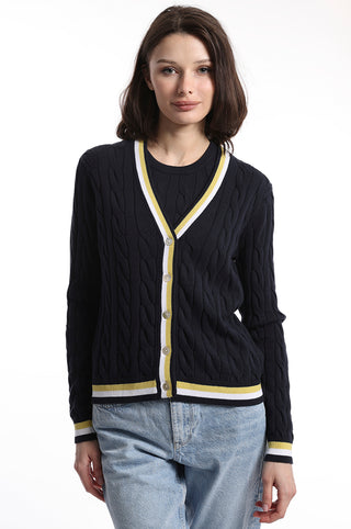 Navy cable knit cardigan with white and yellow stripes on the hem front