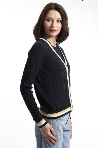 Navy cable knit cardigan with white and yellow stripes on the hem side