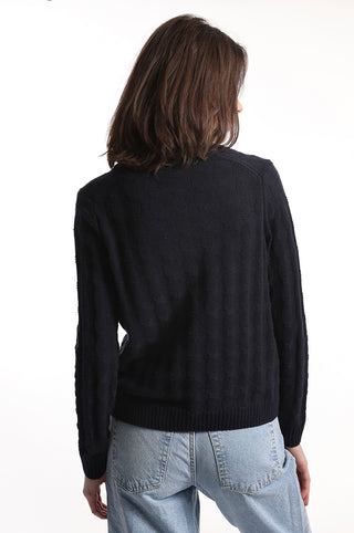 Navy and White Cotton Cashmere Pickleball stitch cardigan back view