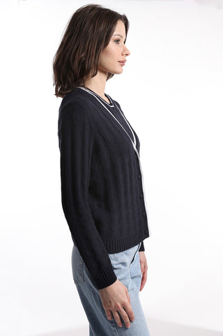 Navy and White Cotton Cashmere Pickleball stitch cardigan side view