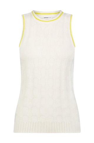 White tank with repeated pickleball paddle stitch front view