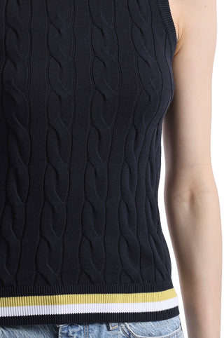 Close up of navy cable sweater tank