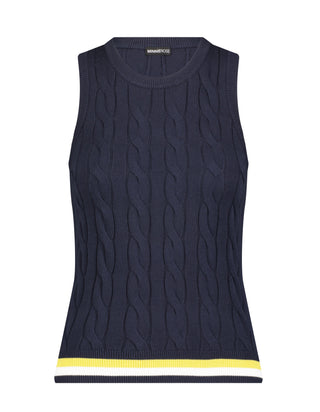navy cable knit sweater tank top with blue white and navy stripe detail on bottom hem