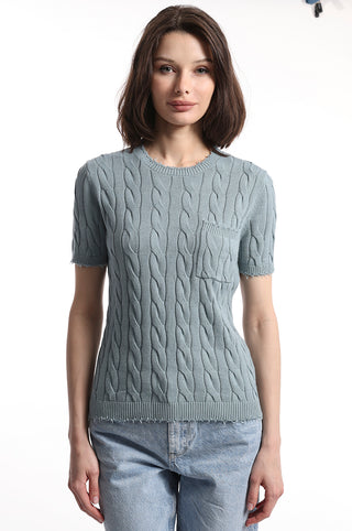 Seashore cable knit short sleeve tee with pocket front view