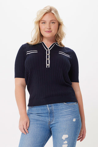 Plus Size Cotton Cashmere Ribbed Polo - navy