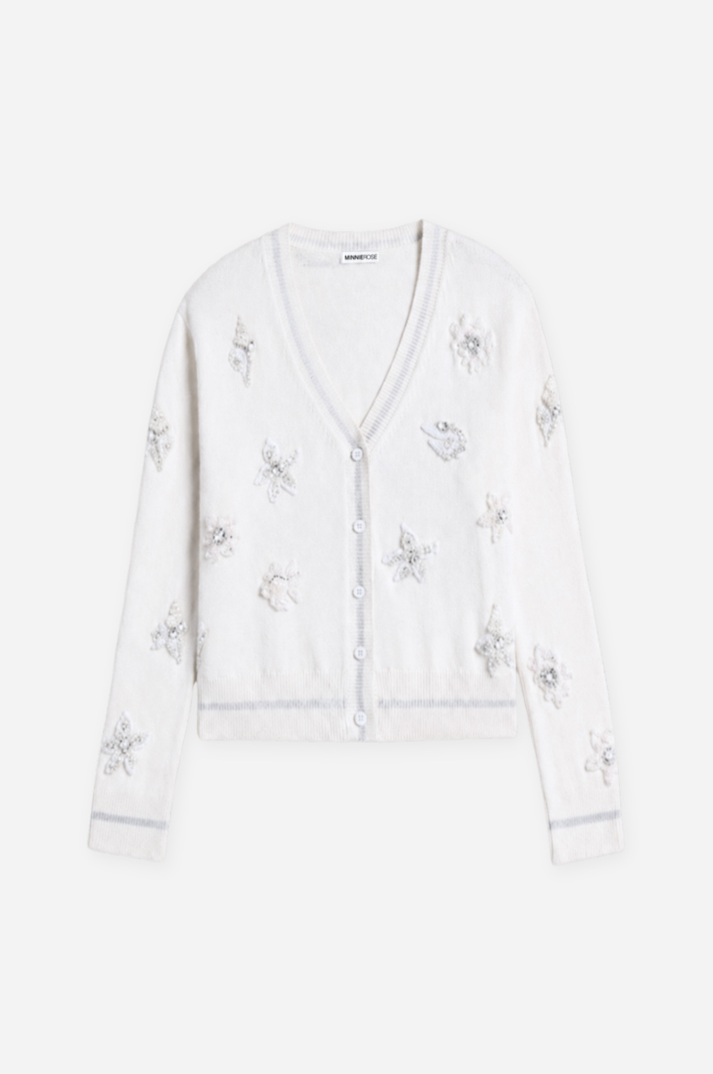 Cotton Cashmere Pearl Applique Cardigan With Sheer Tipping